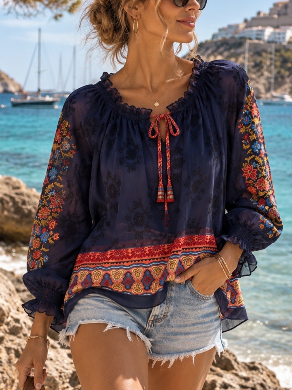 John Mark Embroidered Floral Boho Peasant Blouse Navy Blue Size PL NWT